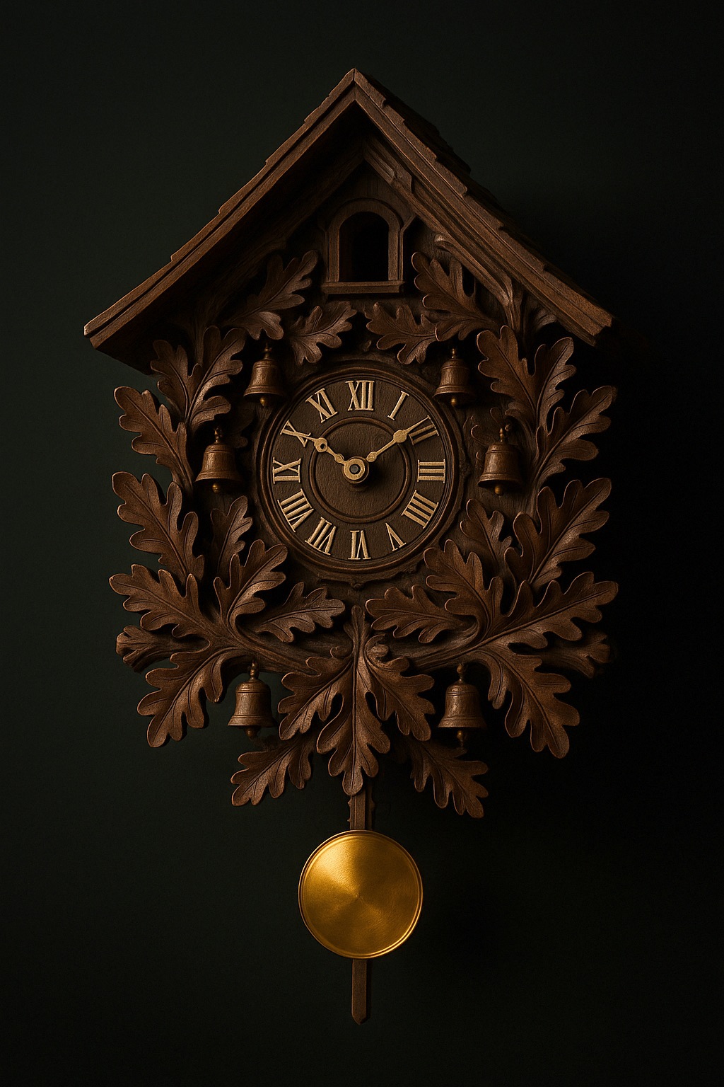 Carved cuckoo clock "Abendläuten" — smoked linden with a gilt-brass pendulum catching warm light