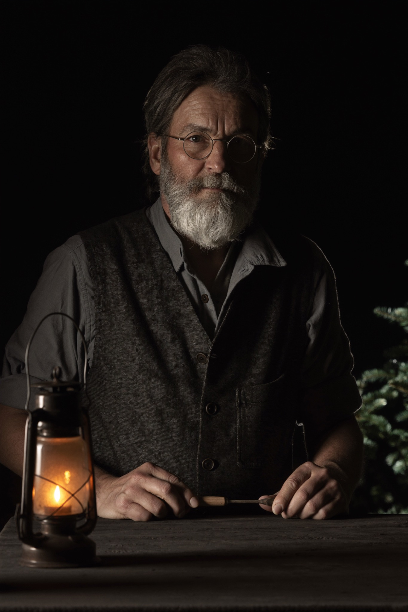 Portrait of Elias Waldvogel, seventh-generation master clockmaker, at his bench by lantern light