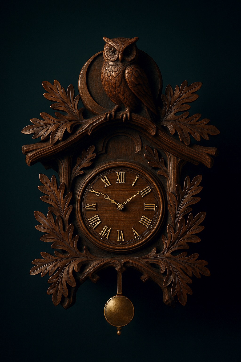 Carved cuckoo clock "Mondlicht" — an owl beneath a crescent moon, dark-waxed linden, lit by a single warm light
