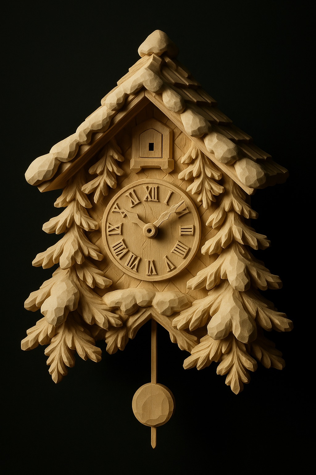 Carved cuckoo clock "Tannenruh" — deep relief of fir boughs in pale linden, single warm light against darkness