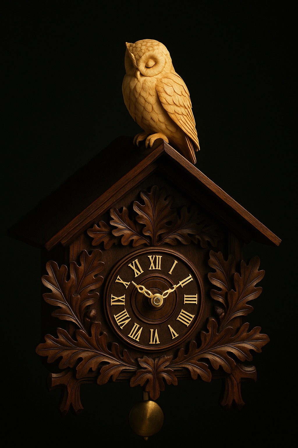 Carved cuckoo clock "Waldkauz" — a tawny owl perched over the dial, walnut and linden, chiaroscuro light