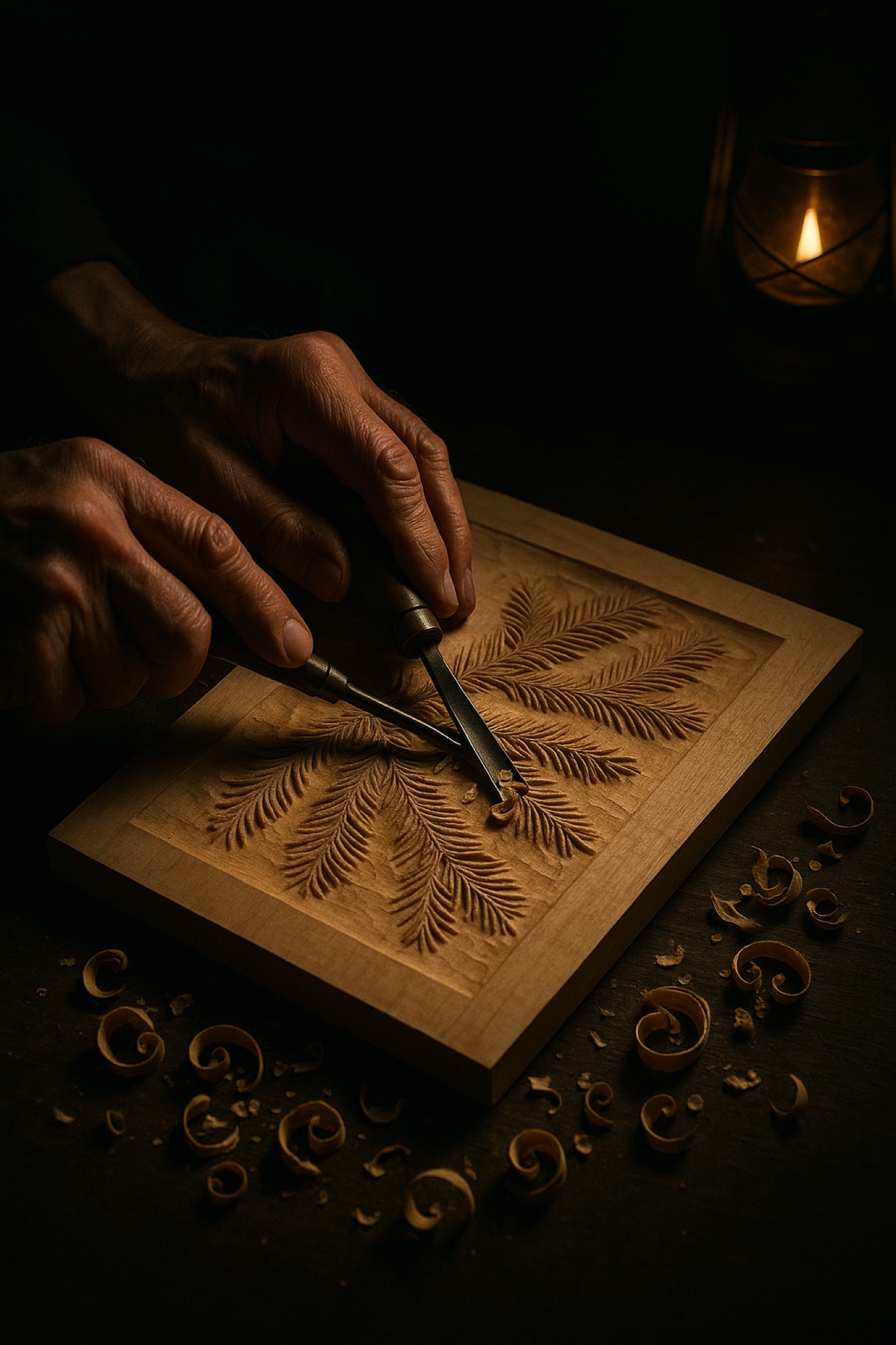 A carver's hands guiding a chisel across a linden relief of fir boughs, shavings on the dark bench, lit by one warm light
